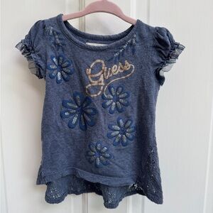 Guess 3T Girls Blue & Silver Floral Lace Short Sleeve Shirt Blouse